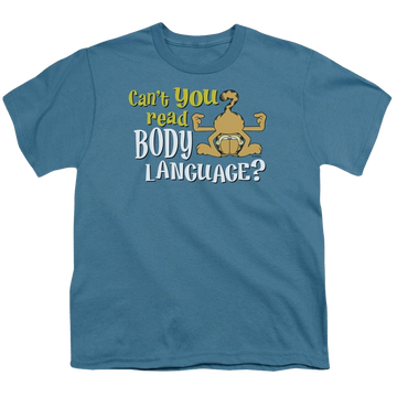Slate youth t-shirt for ages 8 to 12 with Garfield Body Language graphic