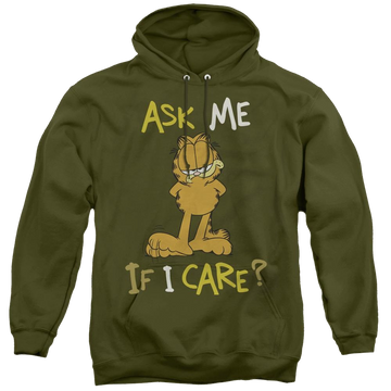 Military green pullover hoodie with Garfield Ask Me If I Care graphic