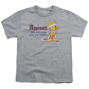 Athletic heather youth t-shirt for ages 8 to 12 with Garfield State Your Business graphic