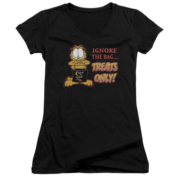 Black juniors v-neck t-shirt with Garfield Treats Only graphic
