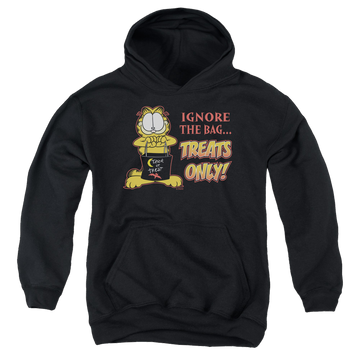 Black youth hoodie for ages 8 to 12 with Garfield Treats Only graphic