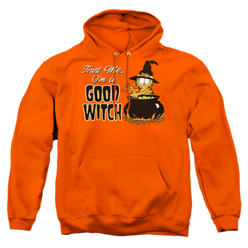 Orange pullover hoodie with Garfield Trust Me graphic
