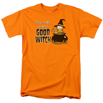 Orange men's regular fit t-shirt with Garfield Trust Me graphic