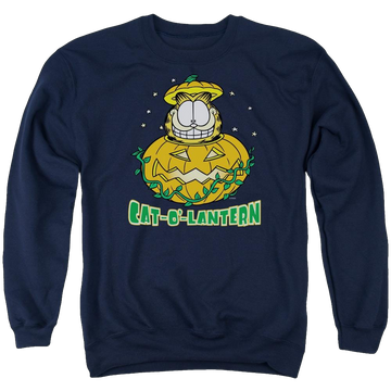 Navy men's crewneck sweatshirt with Garfield Cat O Lantern graphic