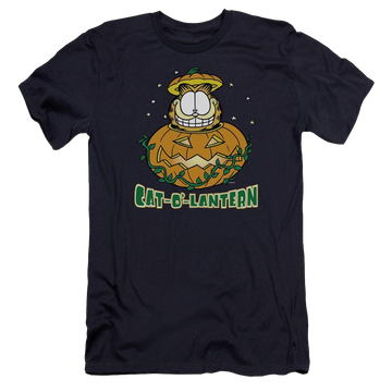 Navy men's premium slim fit t-shirt with Garfield Cat O Lantern graphic