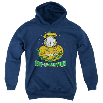 Navy youth hoodie for ages 8 to 12 with Garfield Cat O Lantern graphic