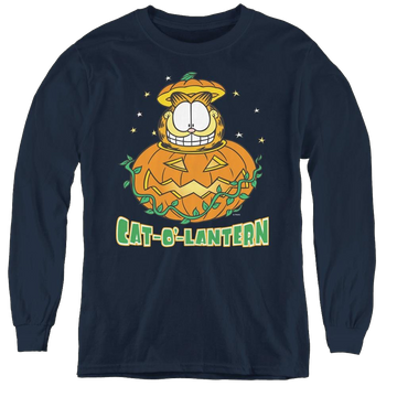 Navy youth long sleeve t-shirt with Garfield Cat O Lantern graphic