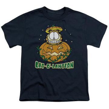 Navy youth t-shirt for ages 8 to 12 with Garfield Cat O Lantern graphic