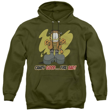 Military green pullover hoodie with Garfield Candy Good graphic