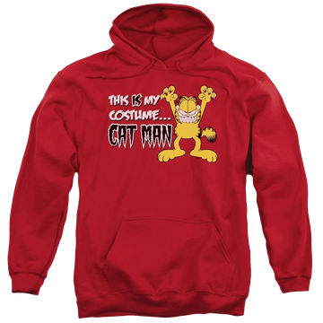 Red pullover hoodie with Garfield Cat Man graphic