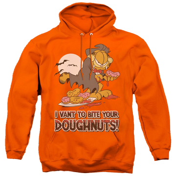 Orange pullover hoodie with Garfield I Vant Doughnuts graphic
