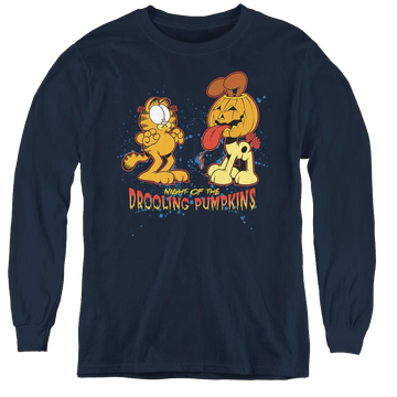 Navy youth long sleeve t-shirt with Garfield Drooling Pumpkins graphic