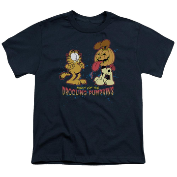 Navy youth t-shirt for ages 8 to 12 with Garfield Drooling Pumpkins graphic