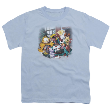 Light blue youth t-shirt for ages 8 to 12 with Garfield Mine! graphic