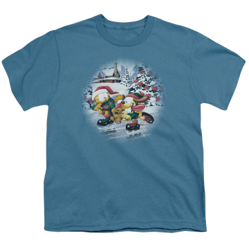 Slate youth t-shirt for ages 8 to 12 with Garfield Ice Skating graphic