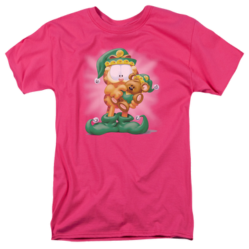 Hot pink men's regular fit t-shirt with Garfield Number 1 Elf graphic