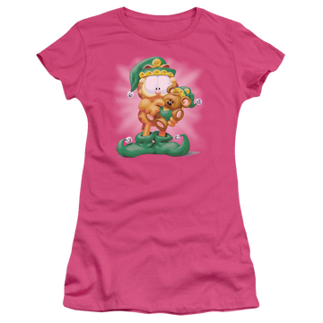 Hot pink juniors t-shirt with Garfield Number 1 Elf graphic