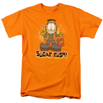 Orange men's regular fit t-shirt with Garfield Sugar Rush graphic