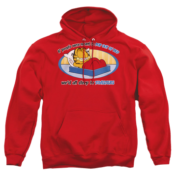 Red pullover hoodie with Garfield Pop Out Of Bed graphic
