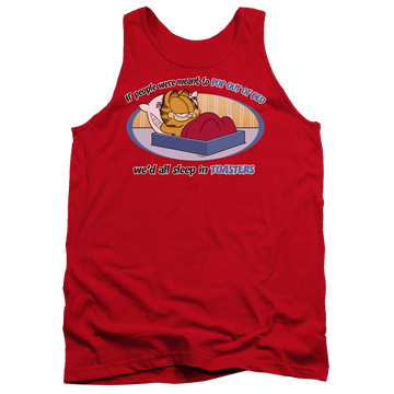 Red men's tank with Garfield Pop Out Of Bed graphic