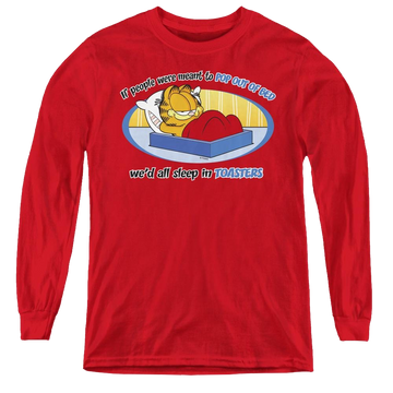 Red youth long sleeve t-shirt with Garfield Pop Out Of Bed graphic