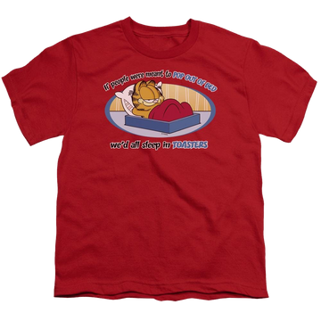 Red youth t-shirt for ages 8 to 12 with Garfield Pop Out Of Bed graphic