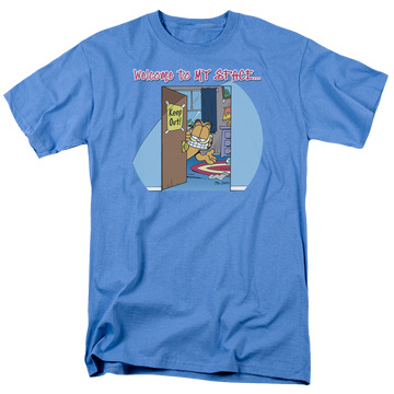 Carolina blue men's regular fit t-shirt with Garfield Welcome To Myspace graphic