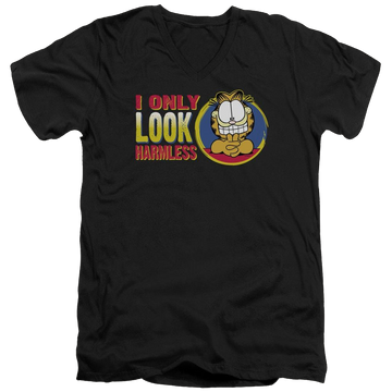 Black men's v-neck t-shirt with Garfield I Only Look Harmless graphic
