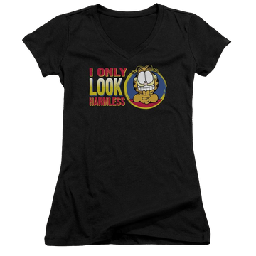 Black juniors v-neck t-shirt with Garfield I Only Look Harmless graphic