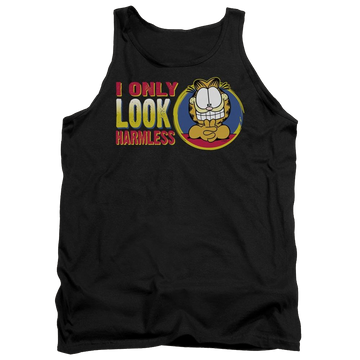 Black men's tank with Garfield I Only Look Harmless graphic