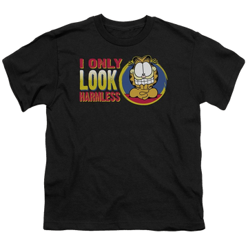 Black youth t-shirt for ages 8 to 12 with Garfield I Only Look Harmless graphic