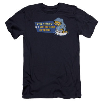 Navy men's premium slim fit t-shirt with Garfield Contradicition In Terms graphic