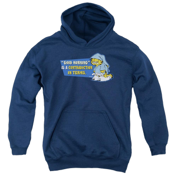 Navy youth hoodie for ages 8 to 12 with Garfield Contradicition In Terms graphic