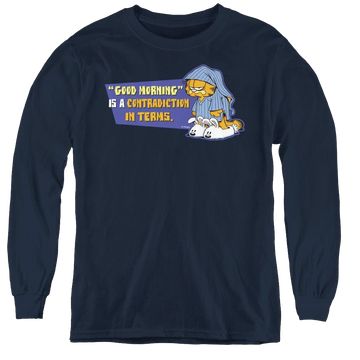Navy youth long sleeve t-shirt with Garfield Contradicition In Terms graphic