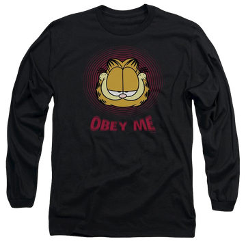 Black men's long sleeve t-shirt with Garfield Obey Me graphic
