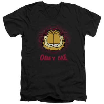 Black men's v-neck t-shirt with Garfield Obey Me graphic