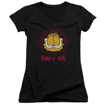 Black juniors v-neck t-shirt with Garfield Obey Me graphic