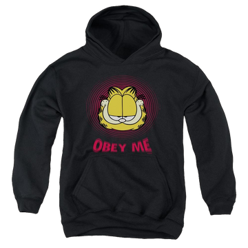 Black youth hoodie for ages 8 to 12 with Garfield Obey Me graphic