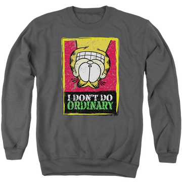 Charcoal men's crewneck sweatshirt with Garfield I Don't Do Ordinary graphic