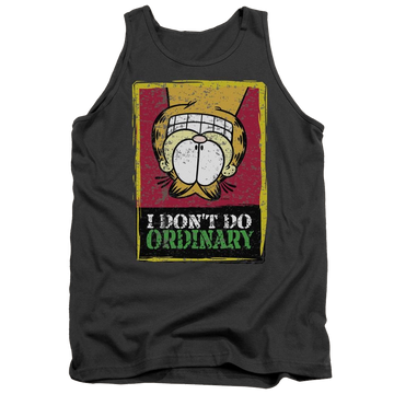Charcoal men's tank with Garfield I Dont Do Ordinary graphic