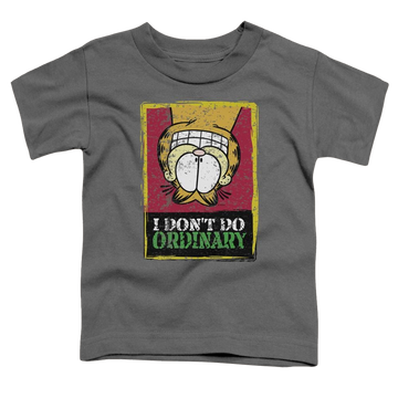 Charcoal toddler t-shirt with Garfield I Dont Do Ordinary graphic