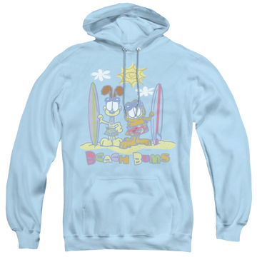 Light blue pullover hoodie with Garfield Beach Bums graphic