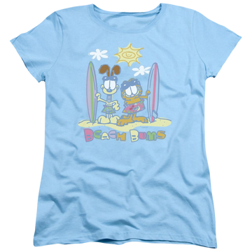 Light blue women's t-shirt with Garfield Beach Bums graphic