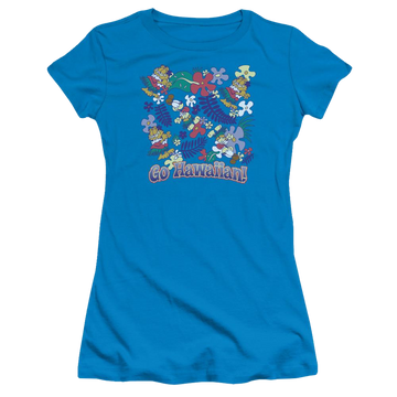 Turquoise juniors t-shirt with Garfield Go Hawaiian graphic