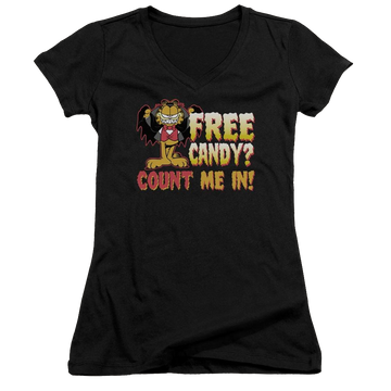 Black juniors v-neck t-shirt with Garfield Count Me In graphic