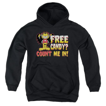 Black youth hoodie for ages 8 to 12 with Garfield Count Me In graphic
