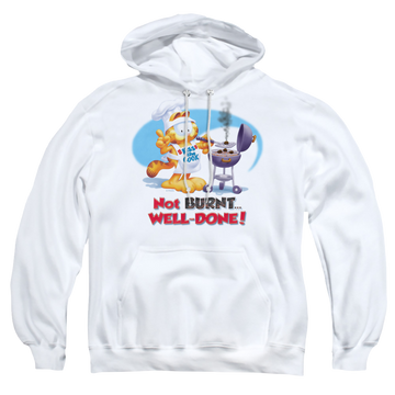 White pullover hoodie with Garfield Well Done graphic