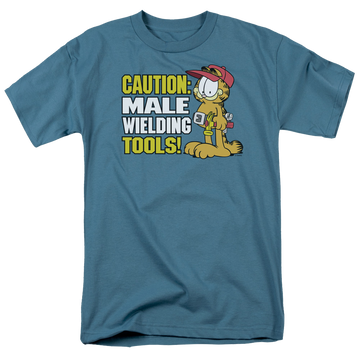 Slate men's regular fit t-shirt with Garfield Male Weilding Tools graphic