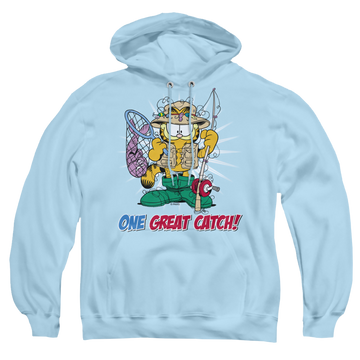 Light blue pullover hoodie with Garfield One Great Catch graphic
