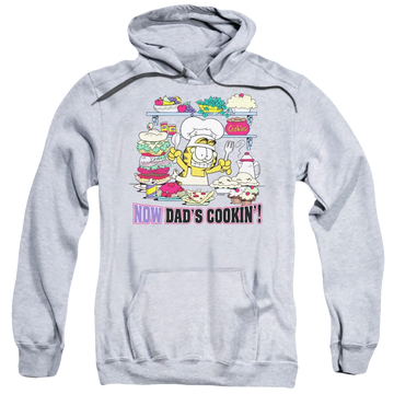 Athletic heather pullover hoodie with Garfield Now Dads Cooking graphic